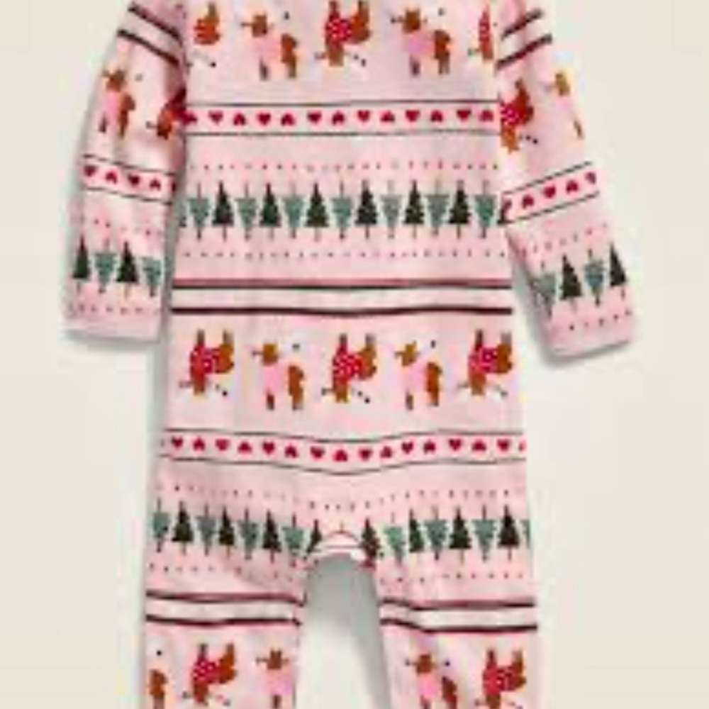 Old Navy Pink Baby graphic one piece romper with Reindeer Design size 6-12 month